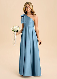 Azazie Penguin Junior Steel Blue A-Line Bow Stretch Satin Dress image5