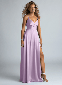 Azazie Davis Bridesmaid Dresses Frosted Lilac A-Line Pleated Stretch Satin Dress image5