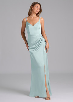 Azazie Leo Final Sale Mist Sheath Pleated Stretch Satin Dress image4