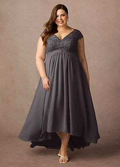 Azazie Irmeli Mère de la mariée Robes Robe Trapèze en Mousseline de soie Dentelle Gris Acier image7