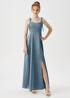 Azazie Rosey Junior Robe Trapèze en Satin extensible Encolure en Forme de Cœur Bleu Poussiéreux image5