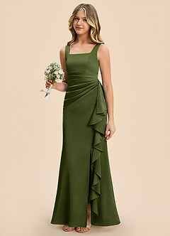 Azazie Adrienne Junior Olive Sheath Pleated Stretch Satin Dress image1