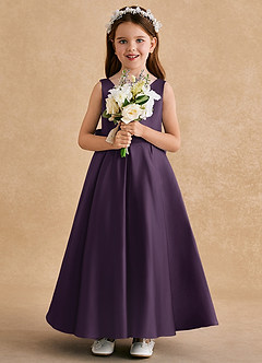 Azazie Honey Bear Flower Girl Dresses Plum A-Line Pleated Matte Satin Dress image3