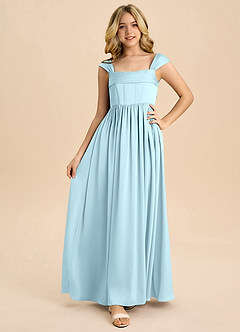 Azazie Hattie Junior Vestido de Azul Nube de Satén Elástico de Corte en A con Plisado image5