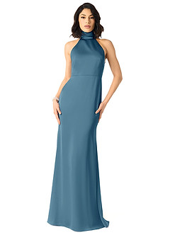 Azazie x Delaney Brautjungfernkleider Etui Hoher Kragen Stretch-Satin Kleid Bermudablau image1
