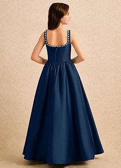 Azazie Enid Girls Formal Robe Demoiselle D'honneur Fillette Robe Trapèze en Satin extensible Perlé Bleu Marine Foncé image2