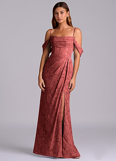 Azazie Johana Robes de demoiselle d'honneur Robe Sirène Convertible en Blumen-Burnout Épaules dénudées Terracotta image6