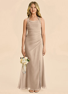 Azazie Destiny Junior Taupe Sheath Ruched Chiffon Dress image4