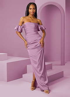Barbie ♥ Azazie Robes de demoiselle d'honneur Robe Fourreau Convertible en Satin extensible Épaule décolletée Glycine image1