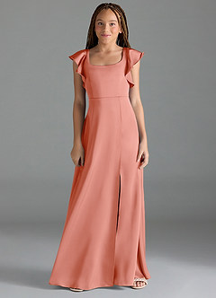 Azazie Bondi Junior Coral A-Line Side Slit Stretch Satin Dress image1