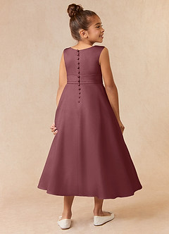 Azazie Lindy vestidos de niña de las flores Vestido de Rosa Del Desierto de Satin Mate de Acampanado con Plisado image6