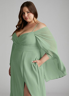Azazie Cienna Robes de demoiselle d'honneur Robe Trapèze en Mousseline de soie Épaule décolletée Matcha image11
