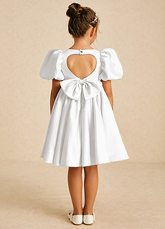 Azazie Muffin Flower Girl Dresses White A-Line with Sleeves Matte Satin Dress image1