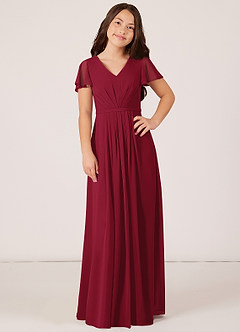 Azazie Peony Junior Burgundy A-Line Pleated Chiffon Dress image1