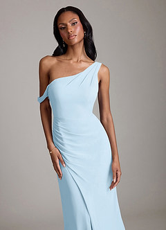 Azazie Madelyn Vestidos de damas de honor Vestido de Azul Cielo de Gasa de Corte Sirena Convertible con Hombro unilateral image4