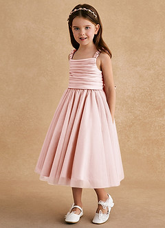 Azazie Gabbie Robe Demoiselle D'honneur Fillette Robe Trapèze en Mat Satiné Plissée Rose Pâle image5