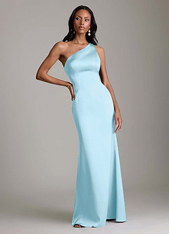 Azazie Voni Probar vestidos en casa Vestido de Azul Cielo de Satén Elástico de Corte Sirena con Hombro unilateral image5