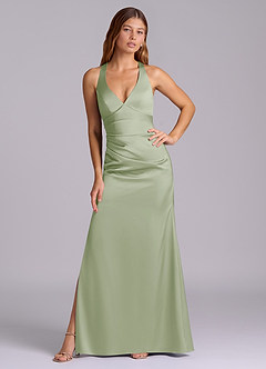 Azazie Amelie Bridesmaid Dresses Dusty Sage A-Line Pleated Stretch Satin Dress image5