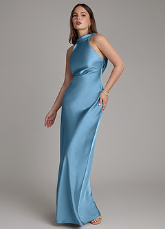 Azazie Dimitra Bridesmaid Dresses Steel Blue Sheath Pleated Stretch Satin Dress image4
