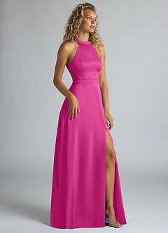 Azazie Clarice Bridesmaid Dresses Fuchsia A-Line High Neck Stretch Satin Dress image2