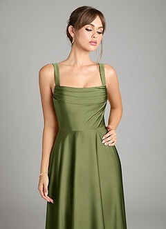 Azazie Shaude Bridesmaid Dresses Olive A-Line Pleated Stretch Satin Dress image3