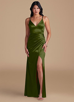Azazie Shania Bridesmaid Dresses Olive Sheath Pleated Metallic Satin Dress image1