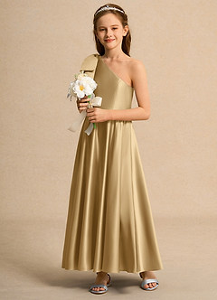 Azazie Guppy Girls Formal Flower Girl Dresses Gold A-Line One Shoulder Matte Satin Dress image5