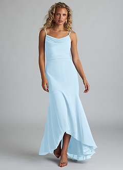 Azazie Summer Bridesmaid Dresses Sky Blue Mermaid Scoop Cowl Chiffon Dress image4