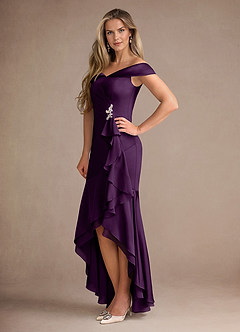 Azazie Billings Mother of the Bride Dresses Grape Mermaid Off the Shoulder Stretch Satin Dress image2