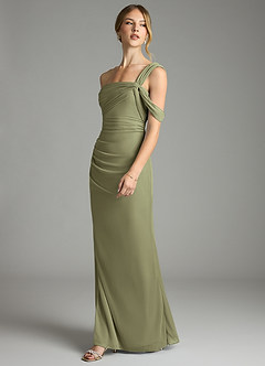 Azazie Tati Final Sale Pistachio Sheath Off the Shoulder Mesh Dress image4