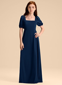 Azazie Briar Junior Robe Trapèze en Satin extensible Arc Bleu Marine Foncé image6