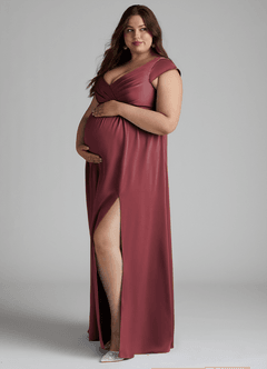 Azazie Allessia Robes de demoiselle d'honneur de maternité Robe Trapèze Plissée Longueur ras du sol Satin extensible image8