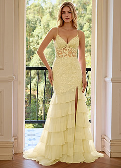 Nerissa Yellow Sequin Embroidery Tier Tulle High Split V-neck Mermaid Marine Prom Dress image3
