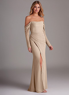 Azazie Hallie Brautjungfernkleider Meerjungfrau-Linie Langarm Chiffon Kleid Taupe image4