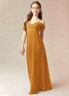 Azazie Kaitlynn Junior Butterscotch A-Line Off the Shoulder Chiffon Dress image4