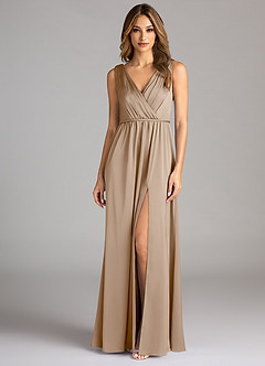 Azazie Tanicia Robes de demoiselle d'honneur Robe Trapèze en Satin extensible Plissée Taupe image3