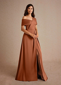 Azazie Milton At-home Try On Dresses Copper A-Line Pleated Stretch Satin Dress image6