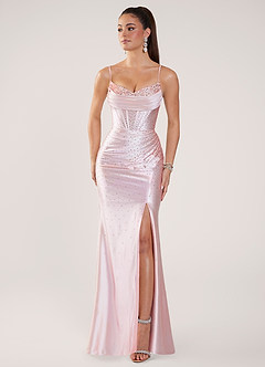 Nogolla Roz Rochie de bal din satin elastic, cu mărgele și strasuri image5
