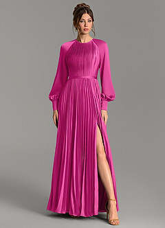 Azazie Grayson Bridesmaid Dresses Fuchsia A-Line Long Sleeve Stretch Satin Dress image1