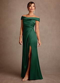 Azazie Bedford Mother of the Bride Dresses Dark Green Sheath Pleated Stretch Satin Dress image2