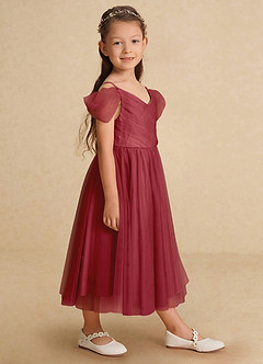 Azazie Lizzette Flower Girl Dresses Pomegranate A-Line Ruched Tulle Dress image1