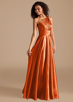 Azazie Charlize Bridesmaid Dresses Burnt Orange A-Line One Shoulder Metallic Satin Dress image6