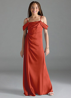Azazie Amyra Junior Rust Sheath Off the Shoulder Stretch Satin Dress image1