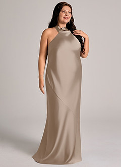 Azazie Velli Bridesmaid Dresses Taupe Mermaid High Neck Stretch Satin Dress image7