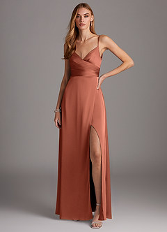 Azazie Calissa Brautjungfernkleider A-Linie V-Hals Gefaltet Stretch-Satin Kleid Lehm image1