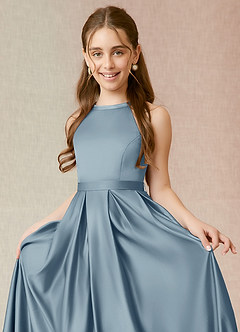 Azazie Arianthe Junior Dusty Blue A-Line with Pockets Stretch Satin Dress image5