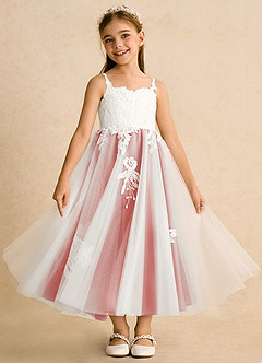 Azazie Coraline Blumenmädchenkleider A-Linie Spitze Kleid Elfenbein Koralle image3