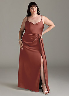 Azazie Brielle Bridesmaid Dresses Auburn A-Line Cowl Spaghetti Straps Stretch Satin Dress image6