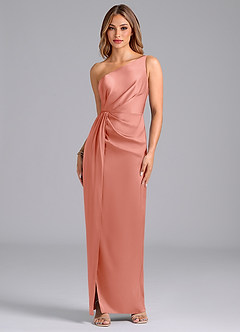Azazie Naria Bridesmaid Dresses Coral Sheath One Shoulder Stretch Satin Dress image1