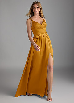 Azazie Chanel Bridesmaid Dresses Butterscotch A-Line Pleated Stretch Satin Dress image6